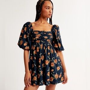 Abercrombie & Fitch Blue Floral Emerson Linen Puff Sleeve Mini Dress Size XL